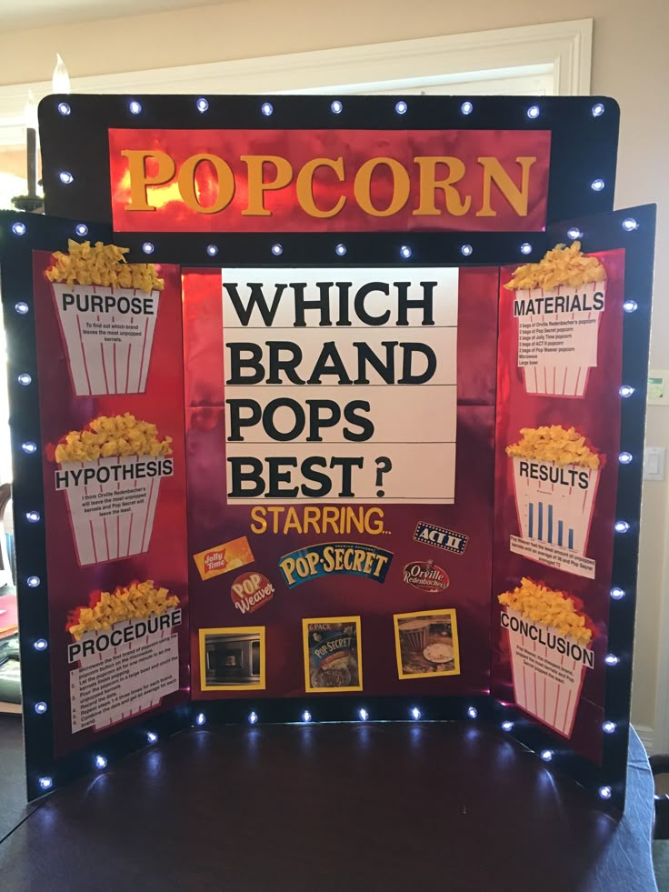 a pop corn display with the words which brand pops best? and pictures of popcorn