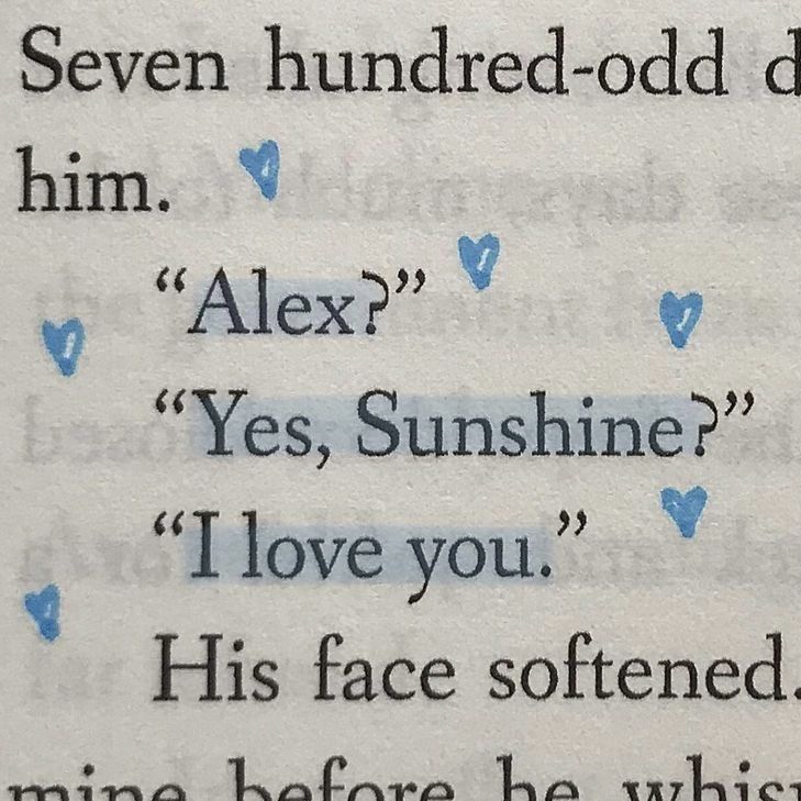 an open book with blue hearts on it and the words alex? yes, sunshine? i love you