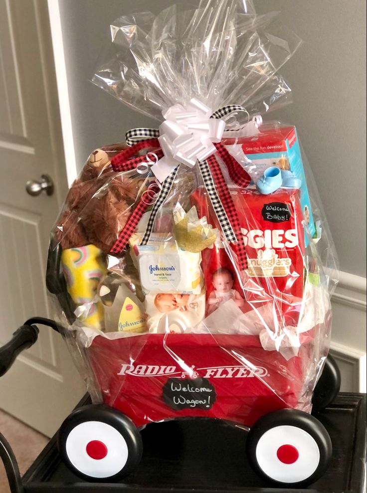 a red wagon filled with lots of goodies