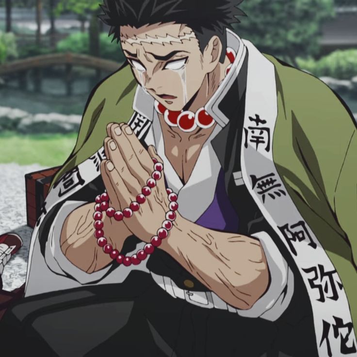 an anime character sitting on a bench with his hands clasped