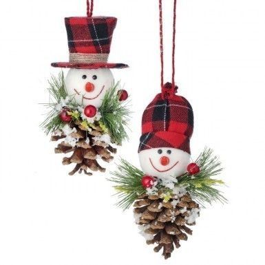 two snowman ornaments hanging from pine cones