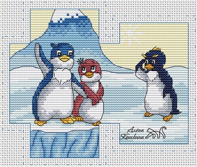 three penguins standing next to each other in front of an iceberg with snow on it