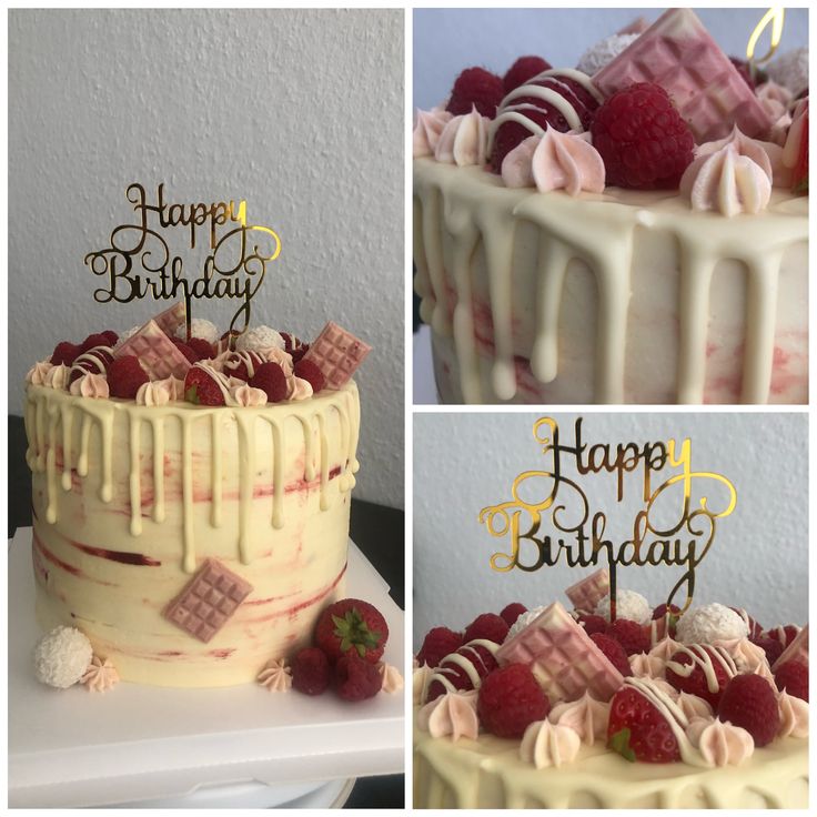 a collage of photos showing a birthday cake with strawberries and icing on it