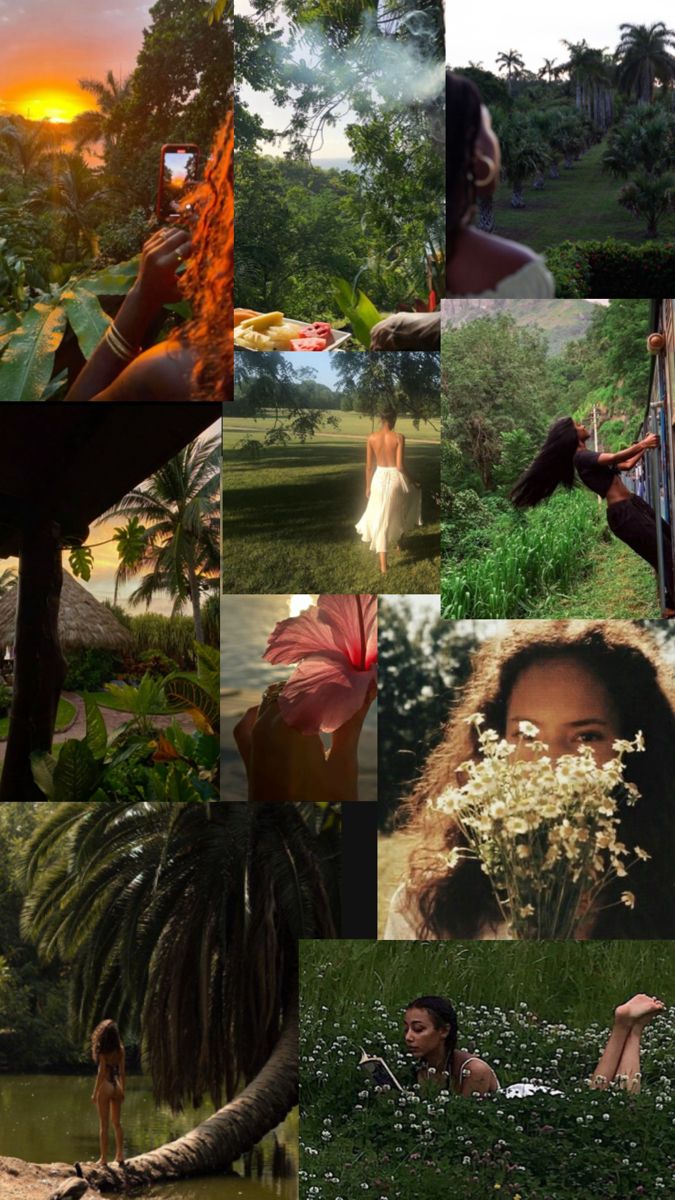 a collage of photos with women and trees in the background at sunset or dawn