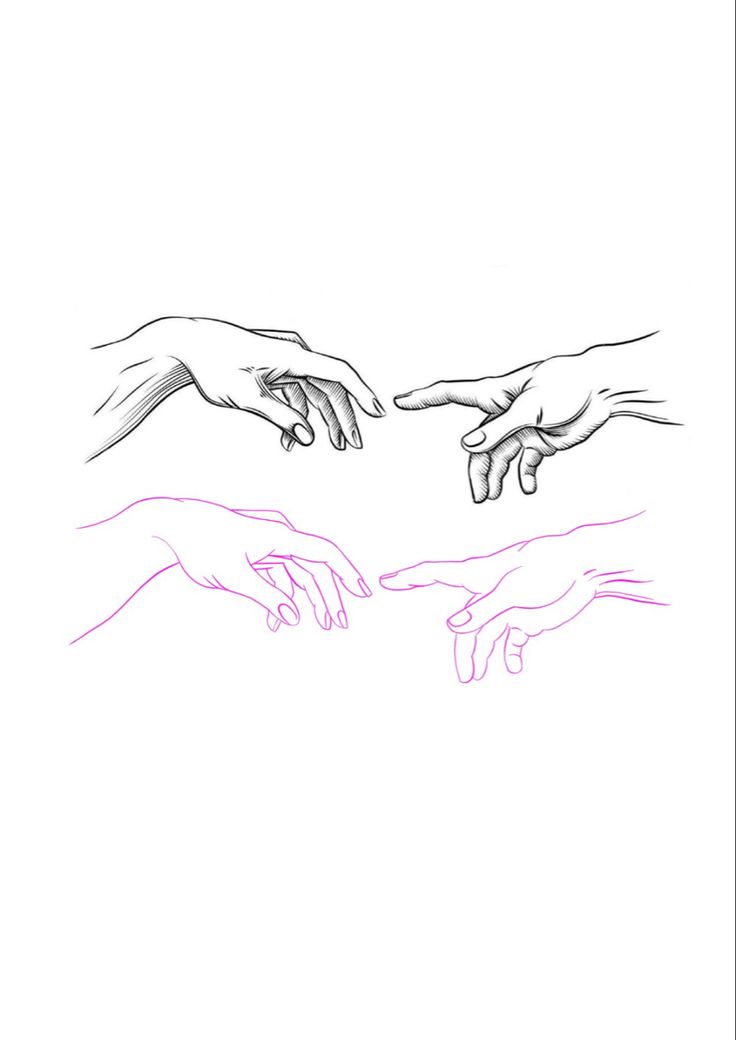 two hands reaching for each other in front of a white background with pink lines on it