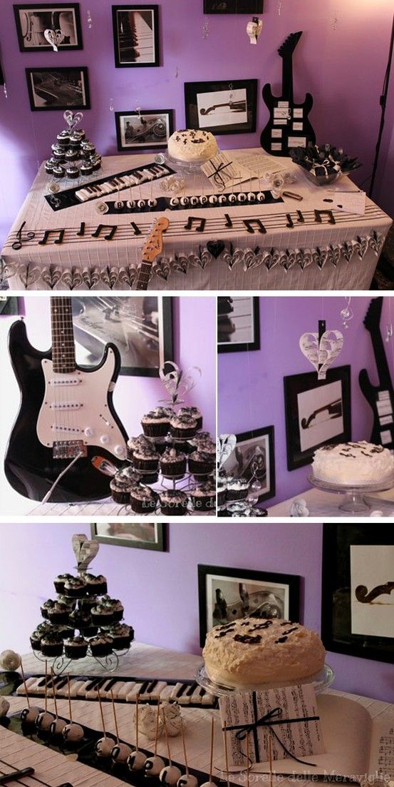 this is a collage of photos with guitars on the wall and in the background