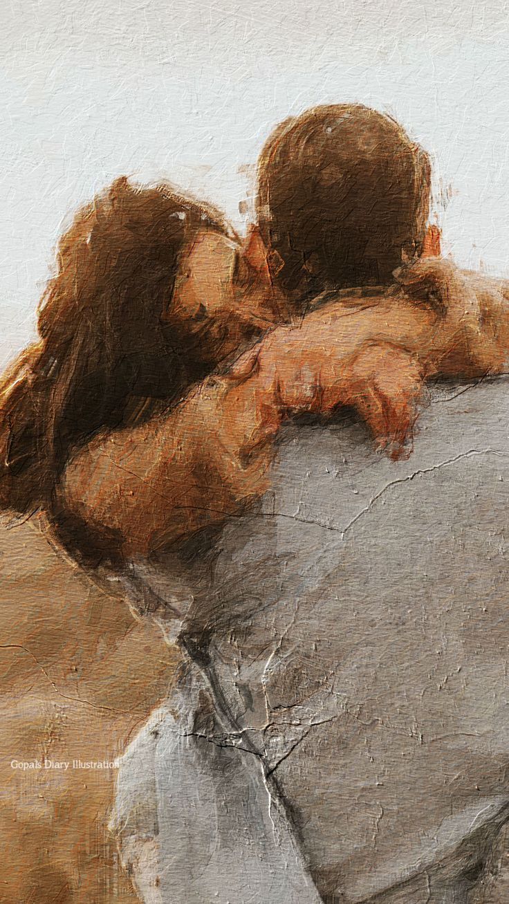 a painting of two people hugging each other