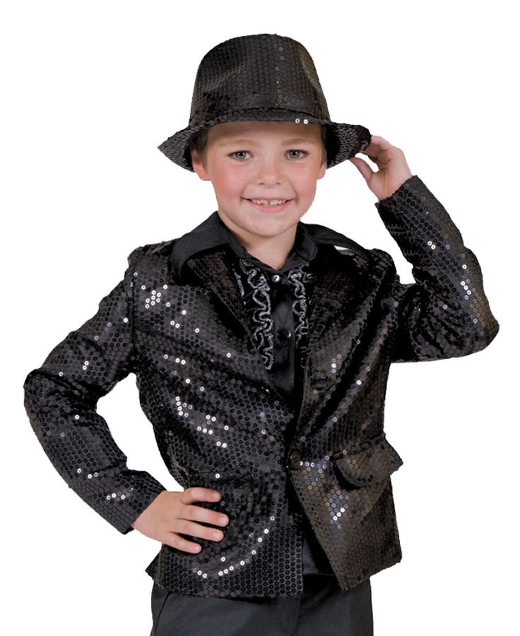 a young boy wearing a black sequin jacket and hat