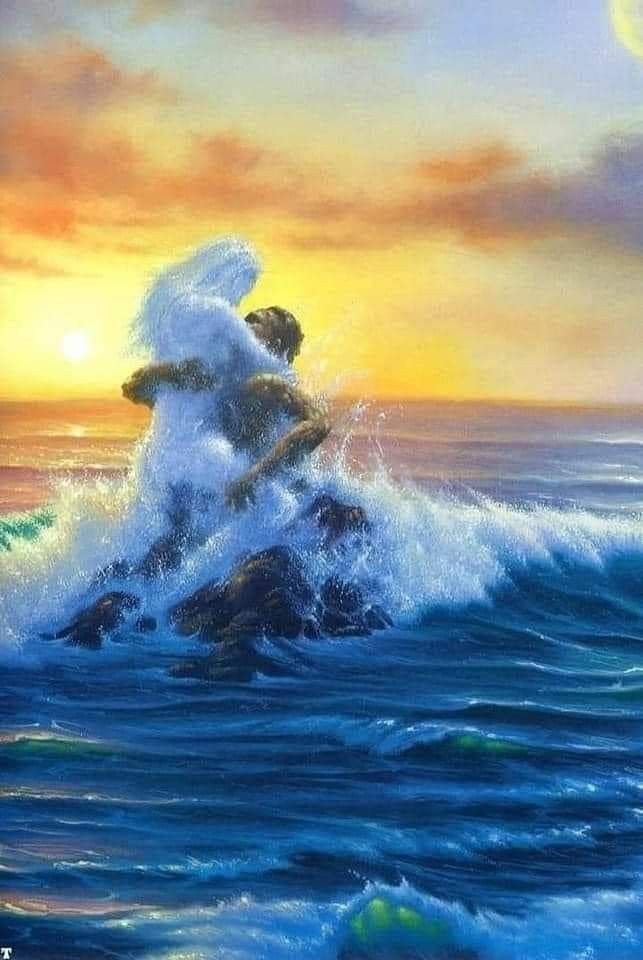 a painting of two people on top of a wave in the ocean