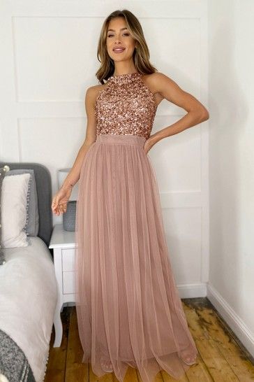 Prome Dresses, Gold Maxi Dress, Halter Neck Maxi Dress, Rose Gold Sequin, Pink Prom Dresses, Halter Maxi Dresses, Halterneck Dress, Long Prom Dress, Halter Neckline