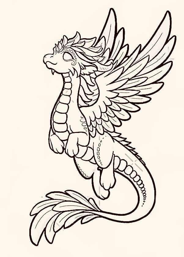 a black and white drawing of a dragon with wings on it's back legs