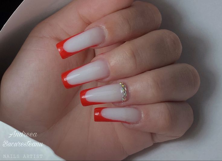 White Base Red French Tip, White Red French Nails, White Nails With Red French Tip, Milky White Nails French, French Nails Red, Nails Milky White, Red French Manicure, Red Tip Nails, Nails Milky