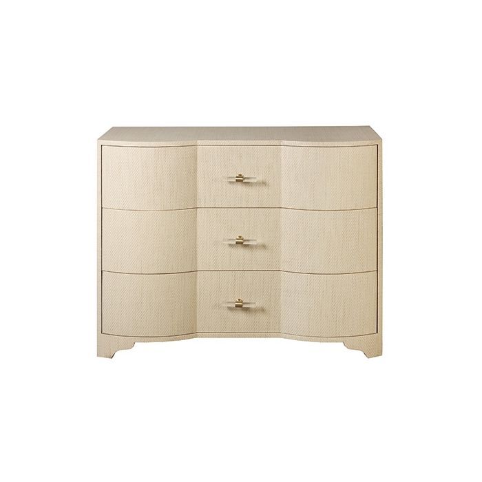 a white dresser with three drawers and two doors