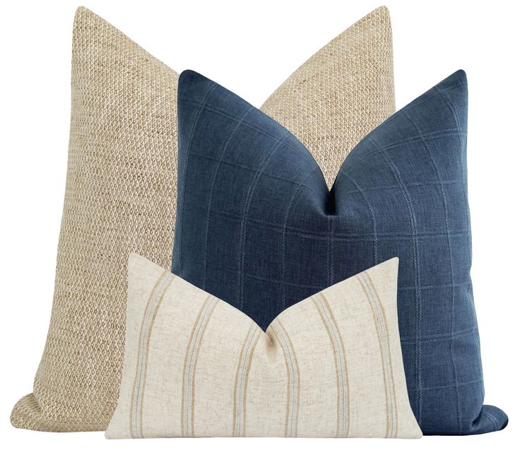 two blue and beige pillows sitting next to each other