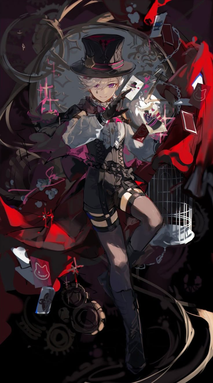 an anime character is standing in front of a red and black background with various objects