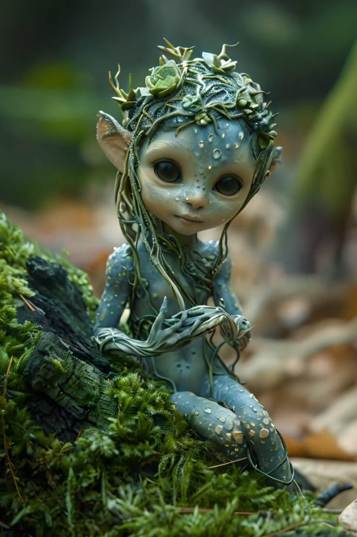 a small doll sitting on top of a moss covered ground