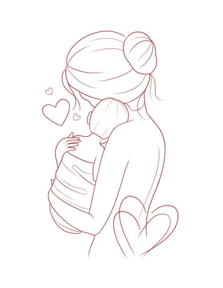 a drawing of a woman holding a baby in her arms, with hearts flying around