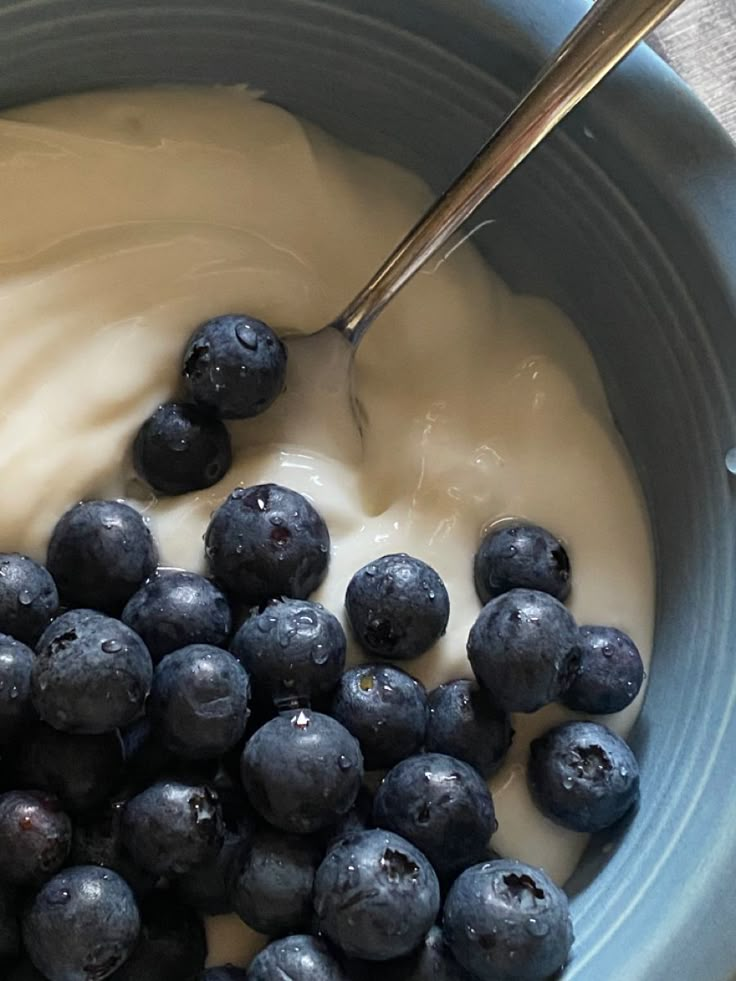 blueberries and yogurt in a bowl with a spoon