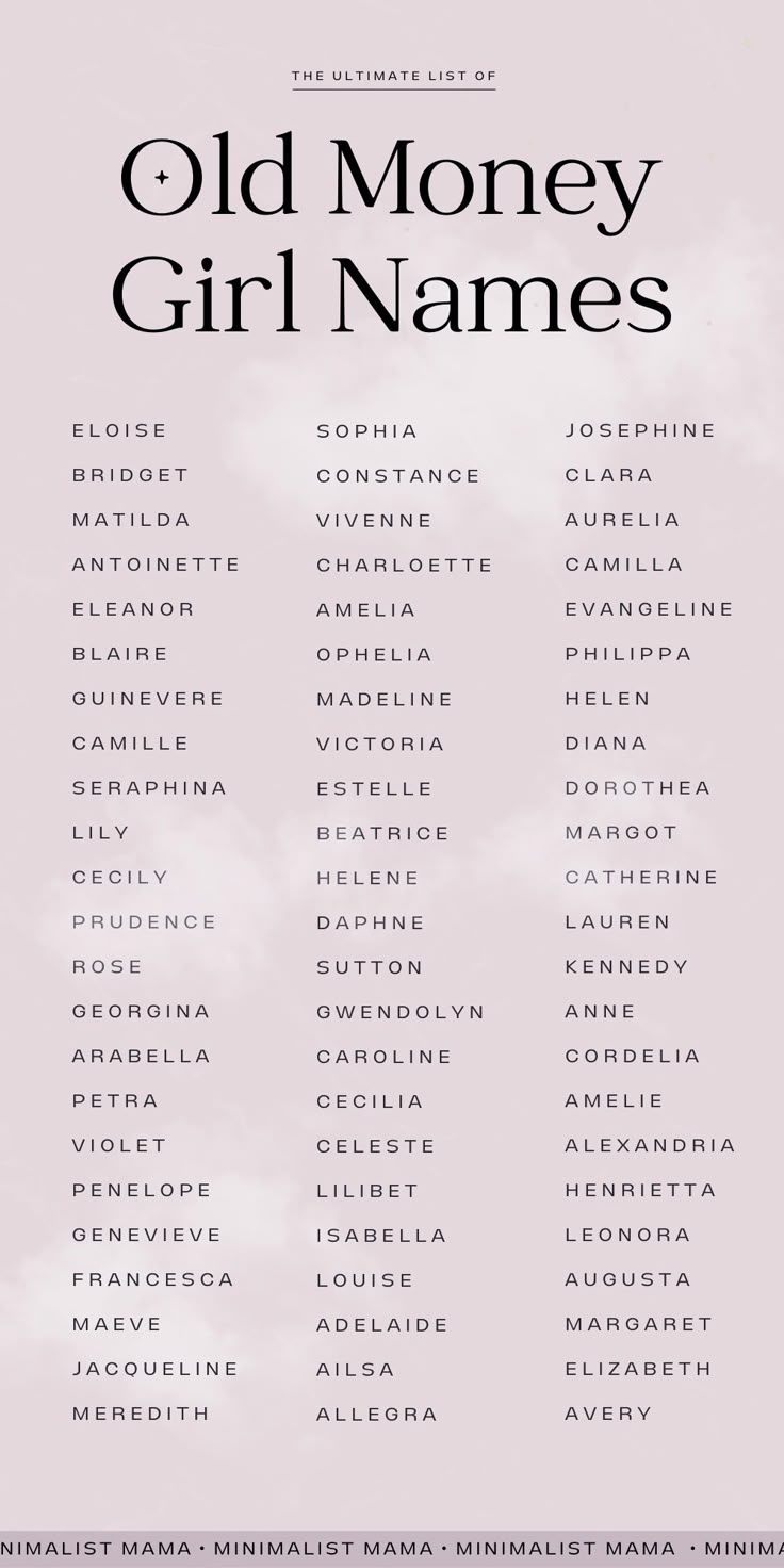 the old money girl names are shown in black and white on a light pink background