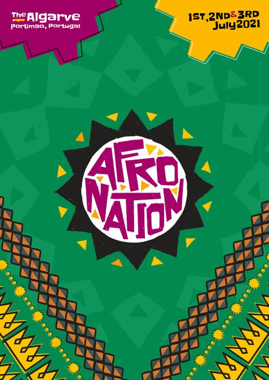 the poster for afro nation is shown in purple, yellow and green colors on a green background