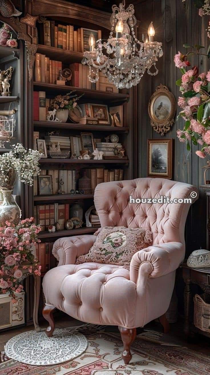 a pink chair sitting in front of a book shelf filled with books