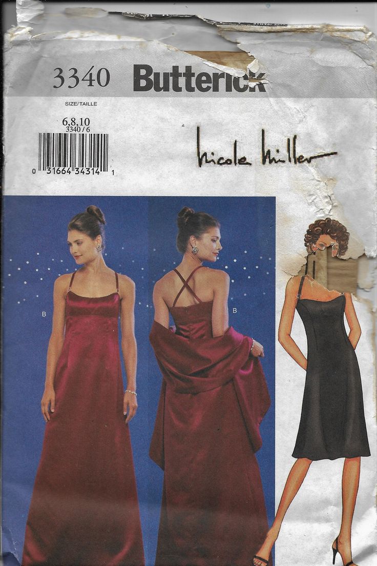 "Butterick 3340    Bridesmaids, Maid of Honor, Prom Dress with Stole      UNCUT C2001           \"NICOLE MILLER\"--designer Size 6,8,10          bust 30 1/2-32 1/2, waist 32-25, hips 32 1/2-34 1/2 inches or Size 12,14,16        bust 34 - 38, waist 26 1/2- 30, hips 36 - 40 inches \"PLEASE CHOOSE CORRECT SIZE WHEN ORDERING\" Close-fitting, A-line dress, below mid-knee or evening-length has shoulder straps, raised waist, bodice front princes seams and back zipper. Stole is self-lined Patterns are u Strapless Dress Pattern, Prom Dress Pattern, Formal Dress Patterns, Jacket Pattern Sewing, Prom Dress Inspiration, Special Occasion Dress, Dropwaist Dress, Dress Sewing, Prom Wedding