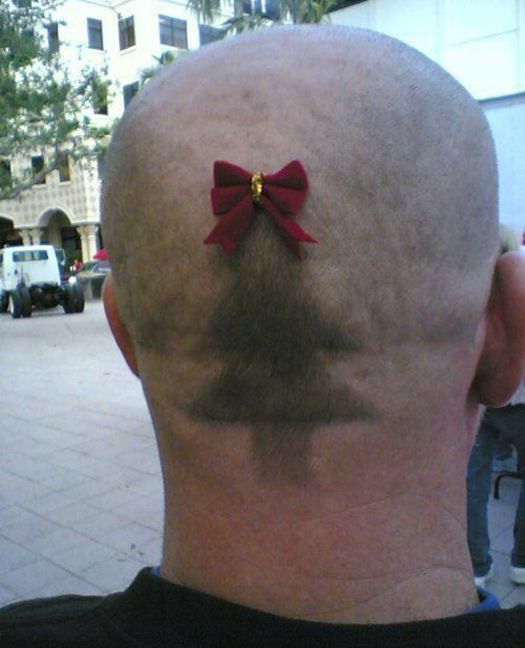 a bald man with a red bow tie on his head is looking at the street