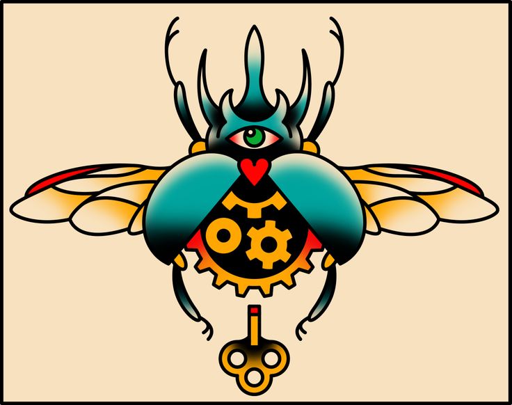 a drawing of a bee with gears on it's back and eyes in the center