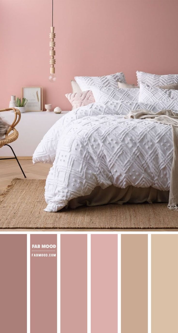 a bedroom with pink walls, white bedding and beige accessories in the color scheme