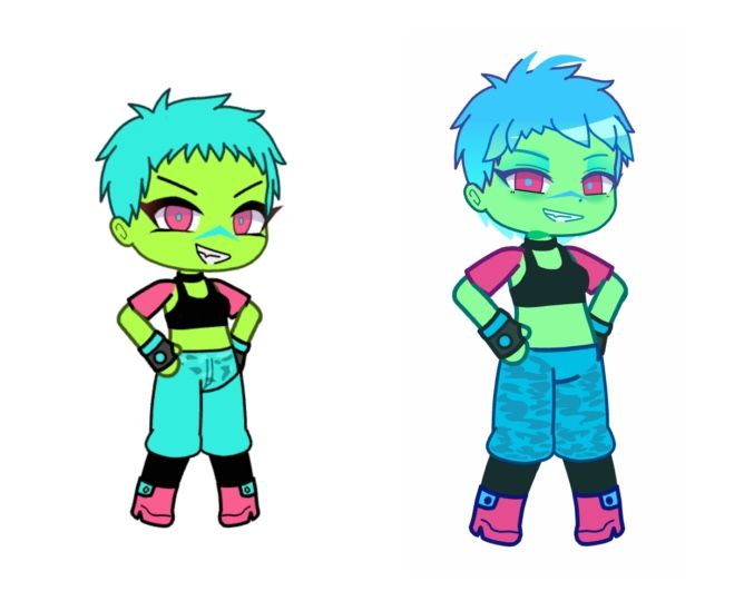 two cartoon characters standing next to each other on a white background, one with blue and green hair