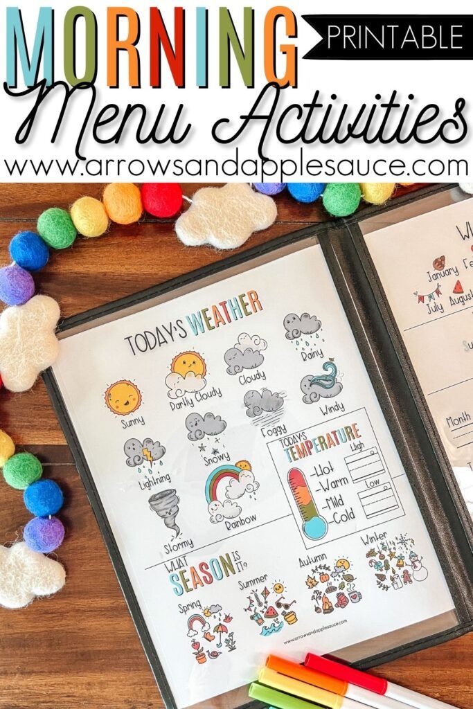 a printable morning menu for kids with rainbows and pom poms on the table