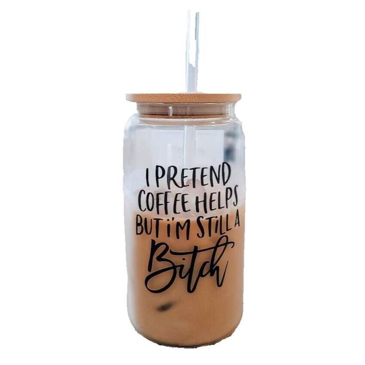 I pretend coffee helps but I’m still a bitch cup 16oz Glass Libbey Can Tumbler Clear or Frosted Cup With Lid and Straw, Great For Iced Coffee, Travel, Gift Our glass tumblers will make a perfect gift! Our premium 16oz Clear glass tumblers comes with straw has a gloss finish with graphics that will never fade, peel or crack. A gift that will last a lifetime! 🔎 TUMBLER DETAILS * Premium-Quality sublimation print. * Dishwasher Safe * Great quality and speed * Glass Cup includes a bamboo lid and a straw * 16oz glass tumbler cup 💚 HOW TO ORDER 💚 1. Type the name or text in the personalization box. (If the personalization box is not available, design is not changeable) 2. Add the tumbler to your cart. 3. Proceed to checkout (put any additional information in the "Note to JsCustomCreationsTum Vinyl On Glass Cups, Vinyl Glass Coffee Cup Ideas, Cricut Coffee Tumbler, Glass Coffee Cups Vinyl, Glass Tumbler Design Ideas, Iced Coffee Tumbler Vinyl Ideas, Glass Cups With Bamboo Lids Designs, Glass Cup With Bamboo Lid Designs, Vinyl On Glass