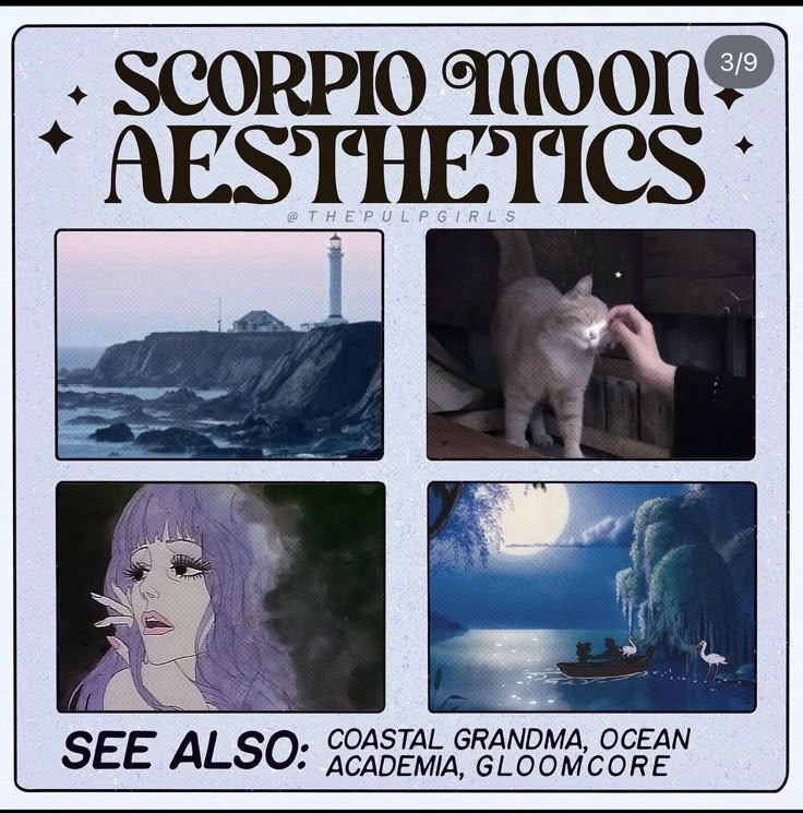 an advertisement for scorpion moon aesthetics featuring two cats and a woman with purple hair