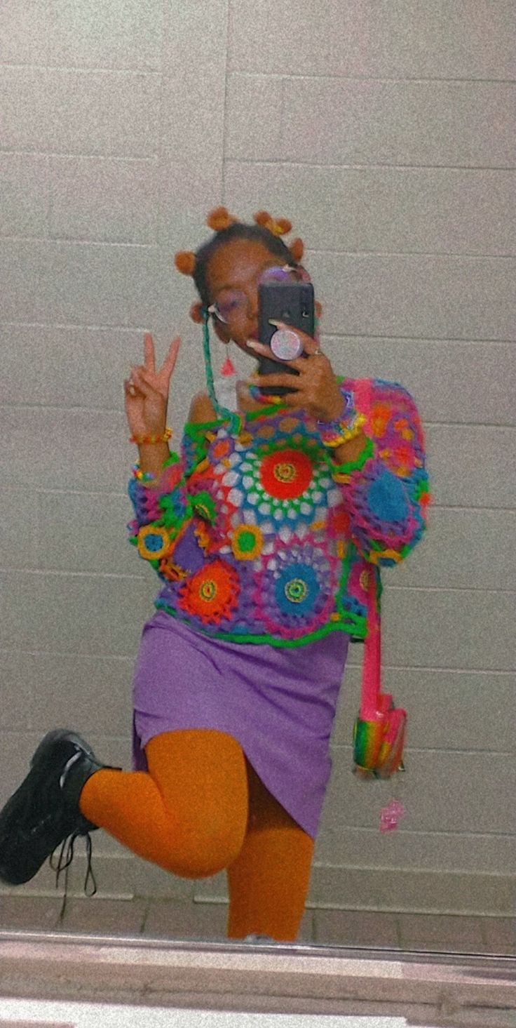 Rainbow Aesthetic Fashion, Bright Colorful Clothing, Acidwave Outfit, Weird Colorful Outfits, Acid Pixie Aesthetic Outfits, Colorful Alt Fashion, Clowncore Crochet, Crazy Outfits Weird, Weird Fashion Aesthetic