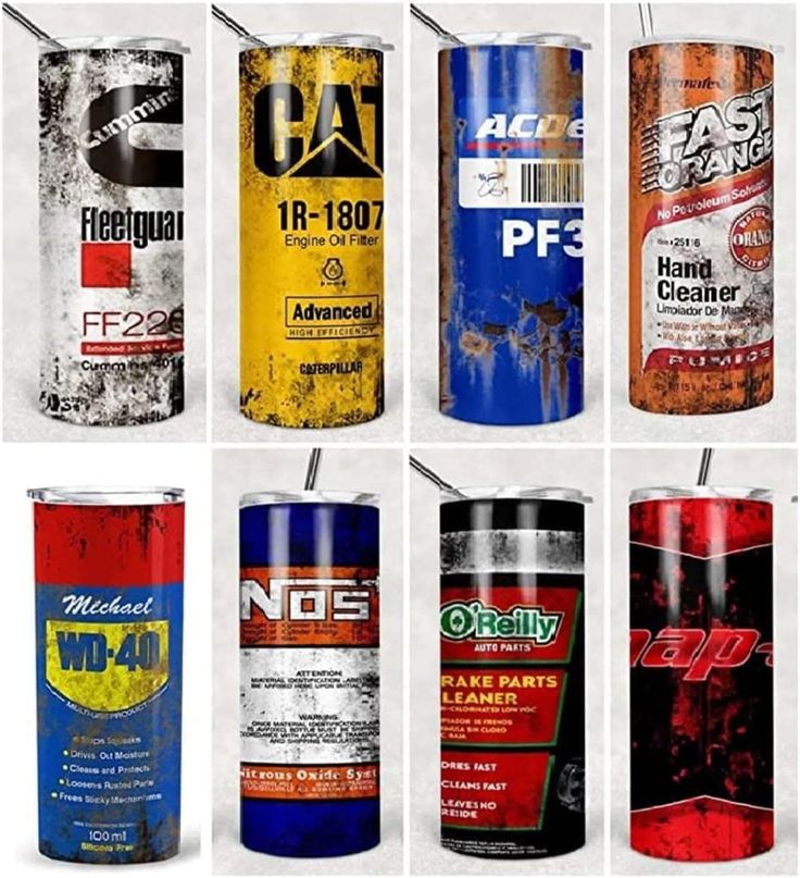 six different types of paint cans are shown in this image, each with the same color