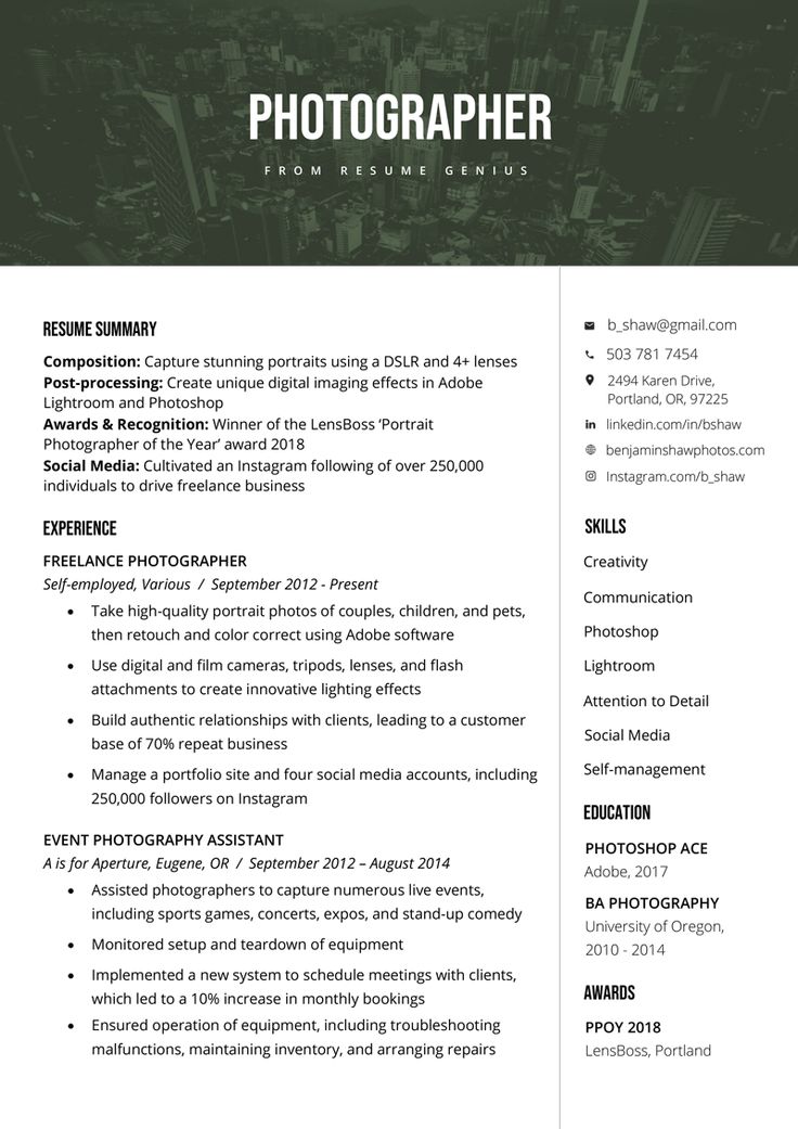 a professional resume template for photographers