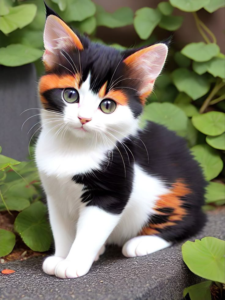 a black, orange and white cat sitting on top of a cement bench next to green plants