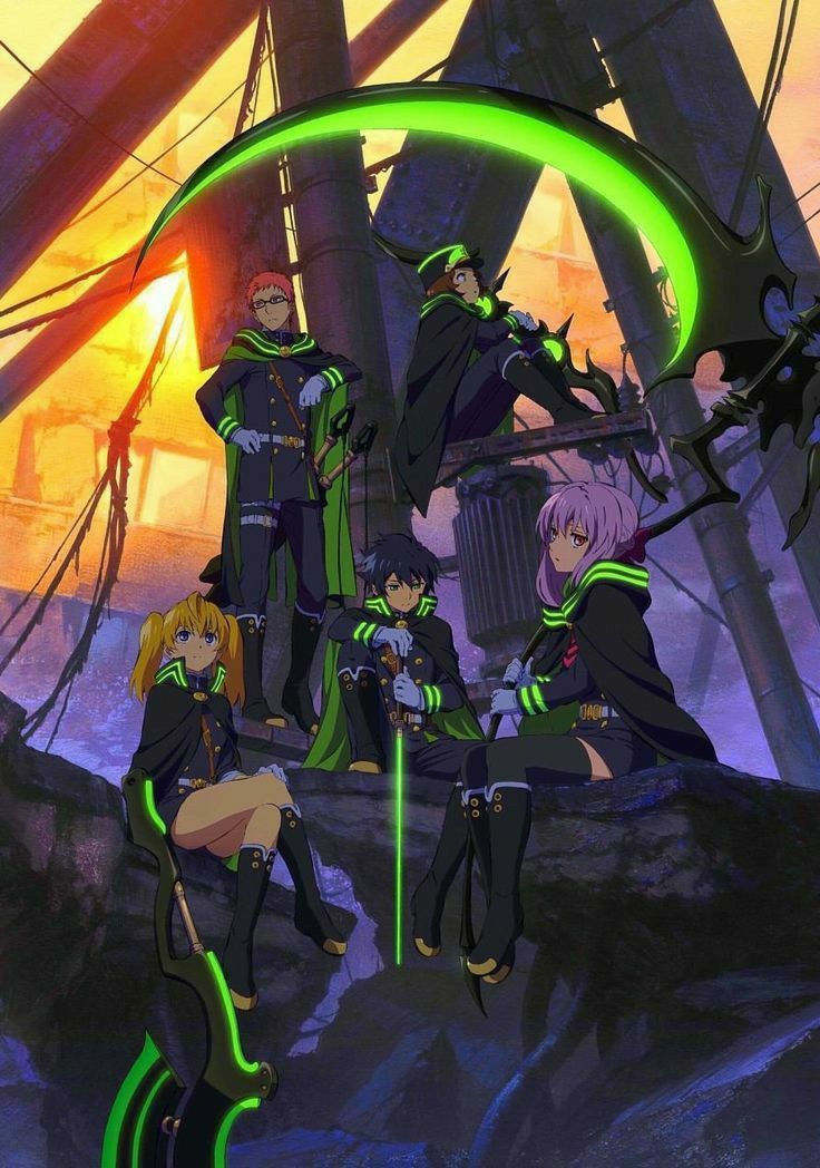 anime characters standing in front of an industrial structure with green lights on their hands and legs