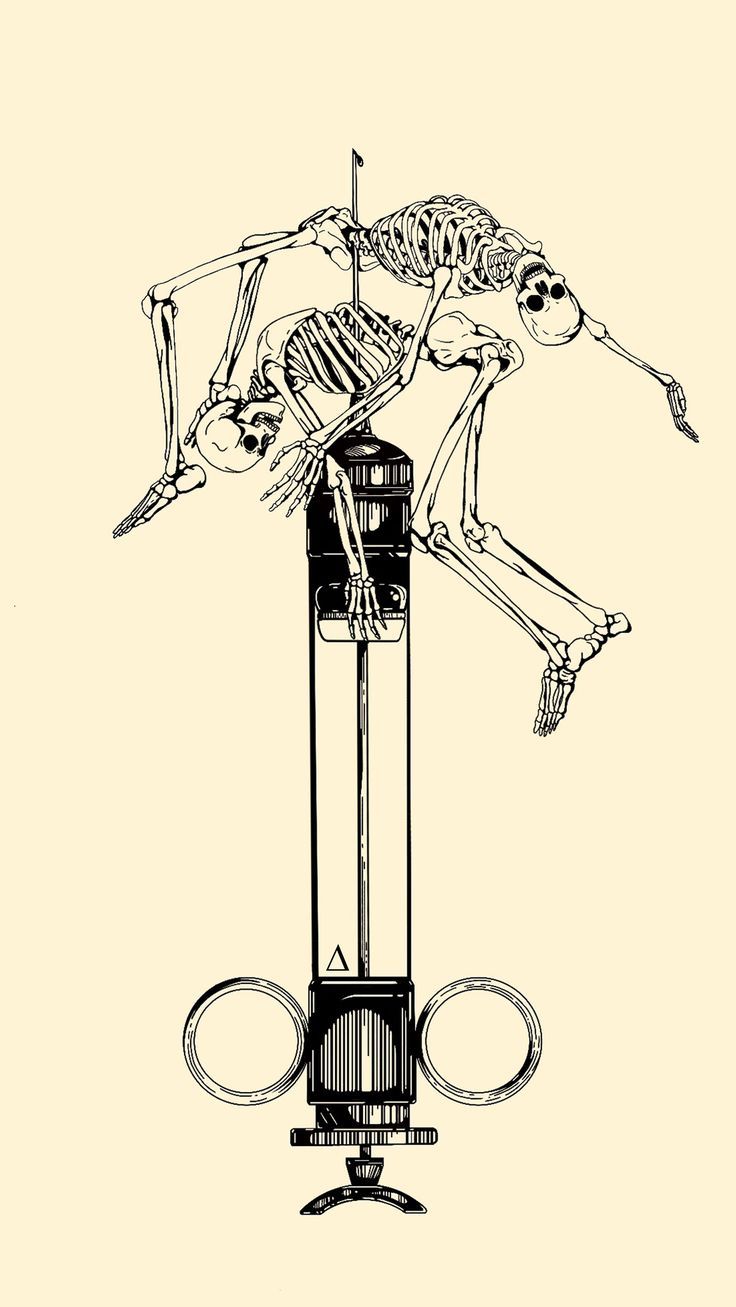 a drawing of a skeleton on top of a tower with two birds flying over it