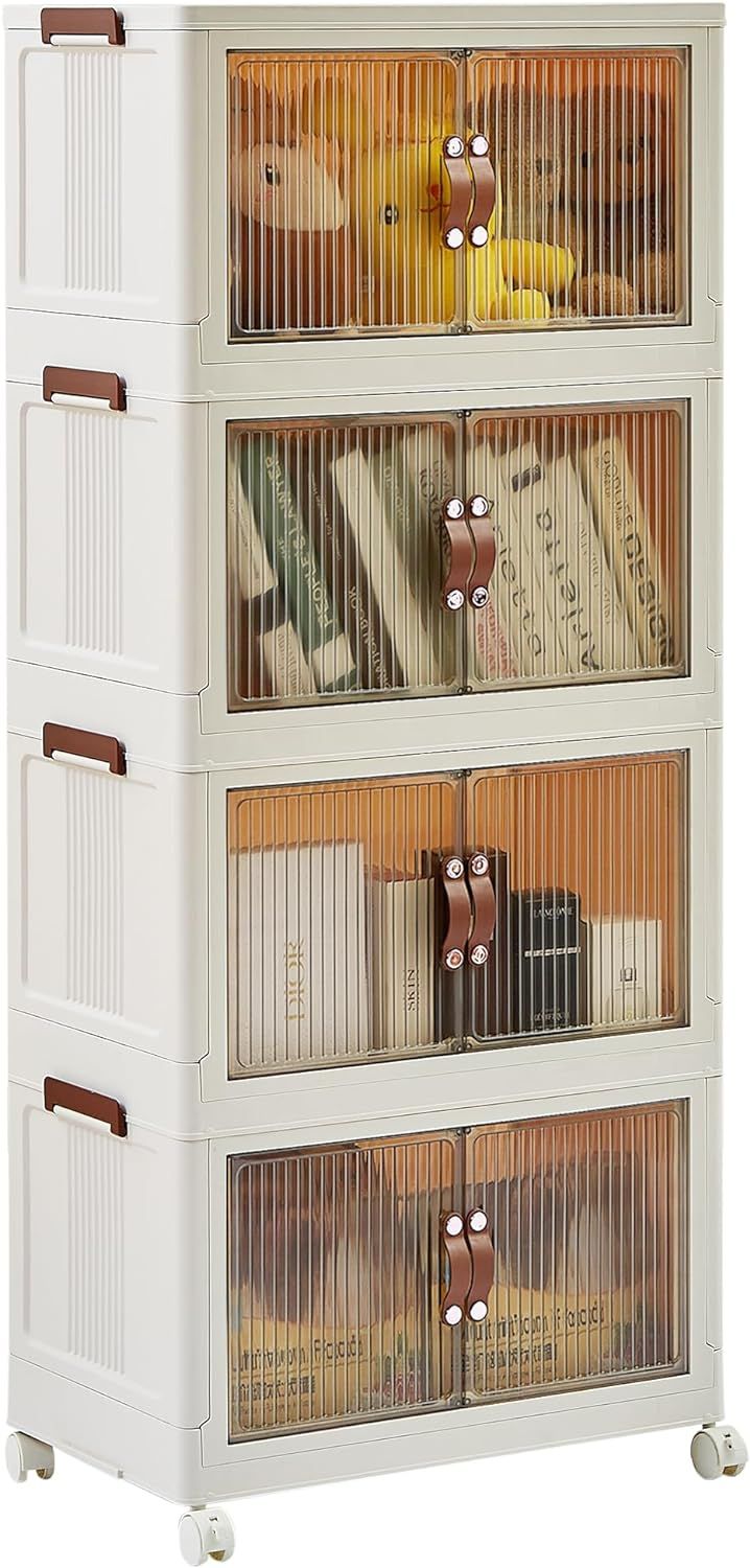 three tiered storage unit with baskets and books on top in white painted wood finish