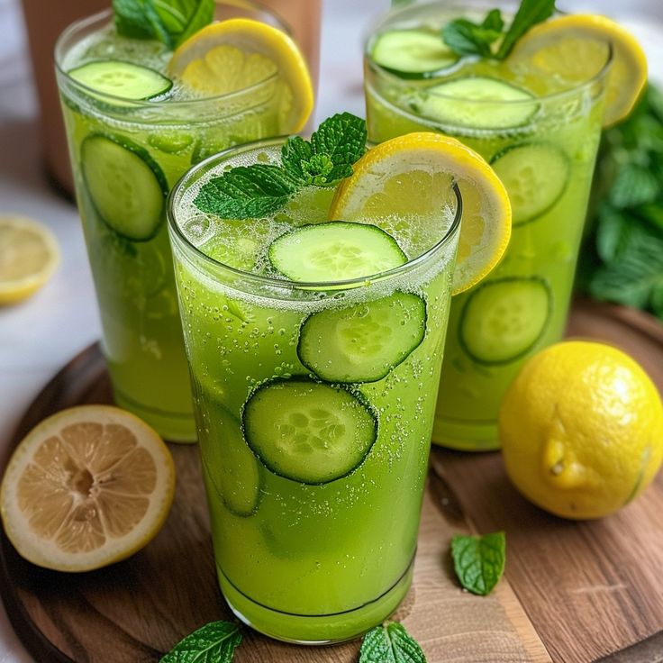 three glasses filled with cucumber and lemonade on top of a cutting board