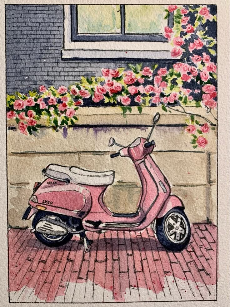 a painting of a pink scooter parked in front of a building with flowers