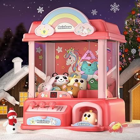 a toy carousel with stuffed animals in front of a christmas tree and snow covered ground