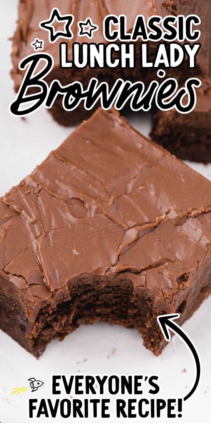 chocolate brownies on a plate with the words classic lunch lady brownes above it