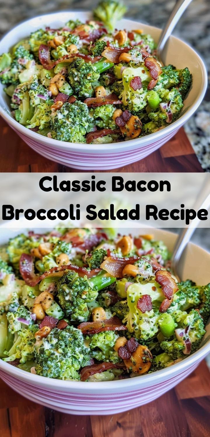 two bowls filled with bacon broccoli salad on top of a wooden cutting board