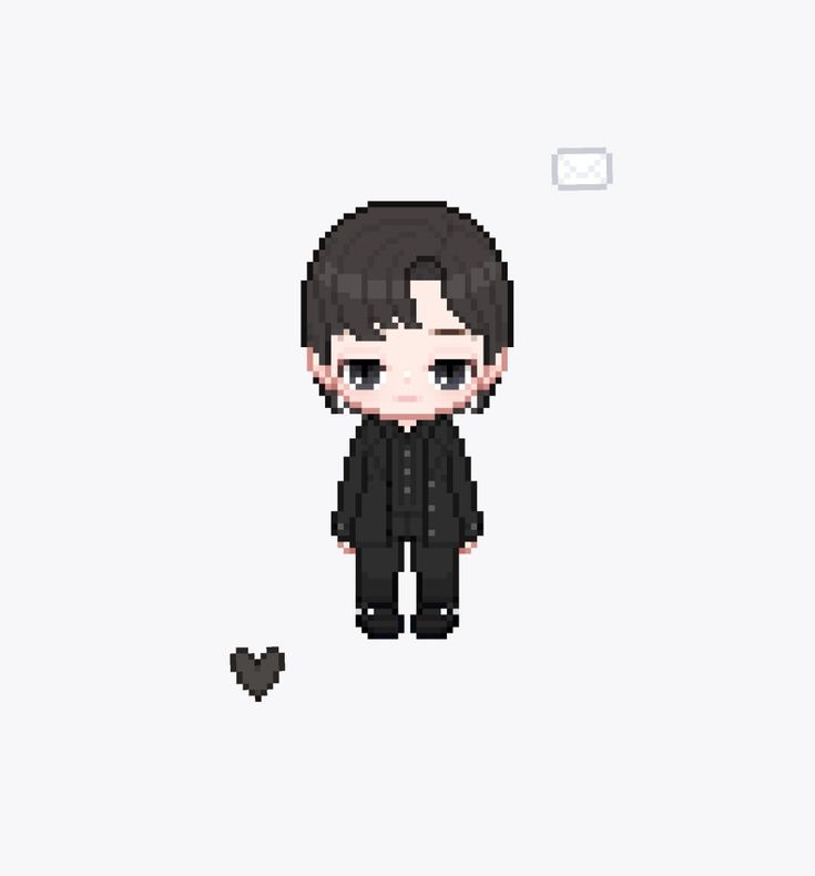 a pixellated image of a person with black hair and dark clothes, standing next to a