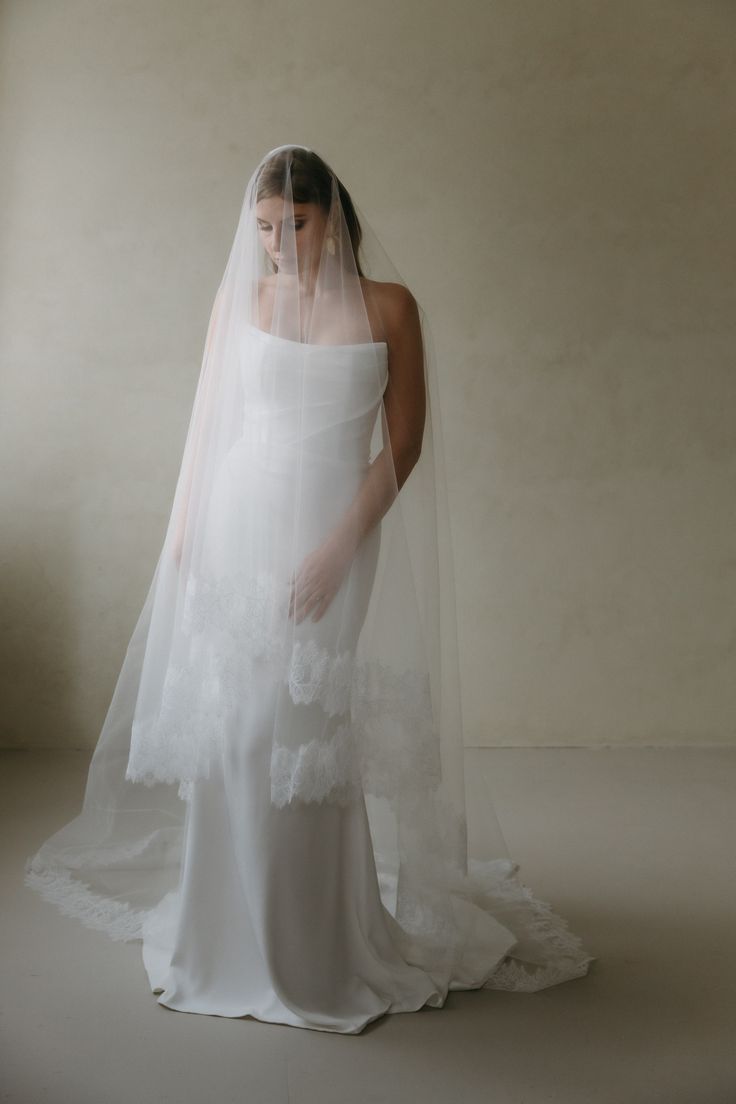 a woman in a wedding dress with a veil on her head