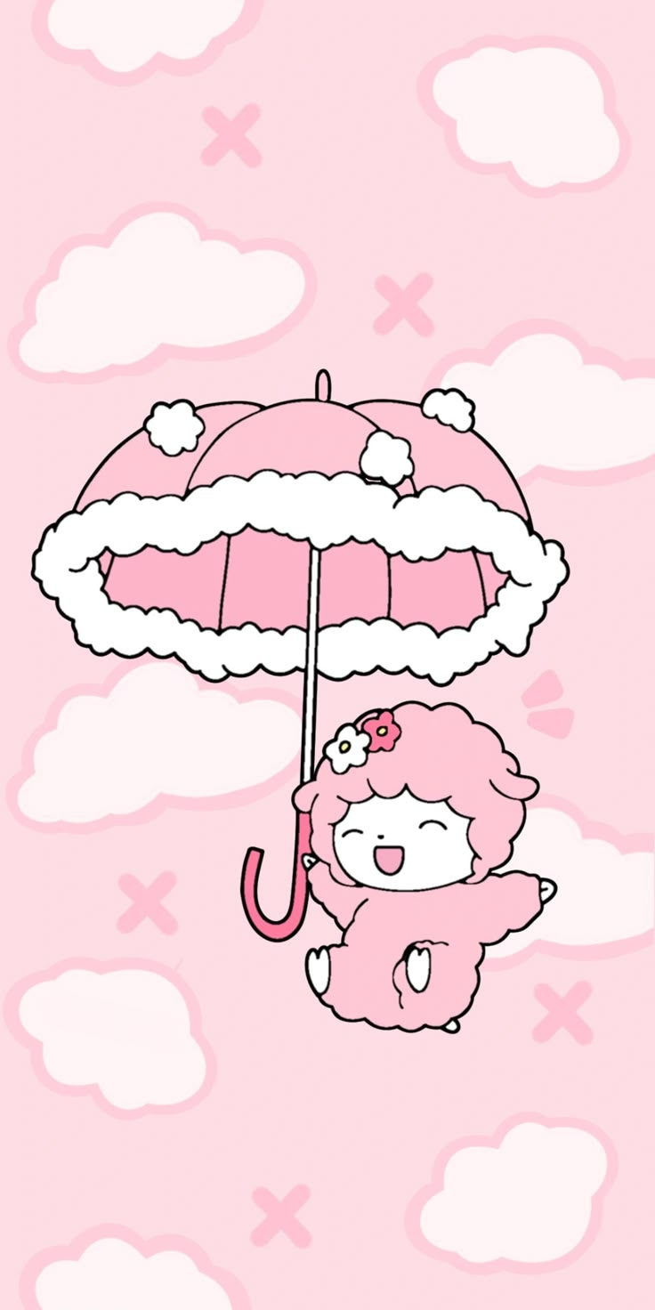 hello kitty holding an umbrella in the air with clouds above it and pink sky background