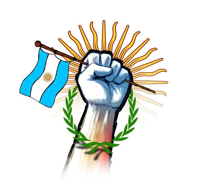 a drawing of a fist with the flag of argentina on it and an olive wreath around it