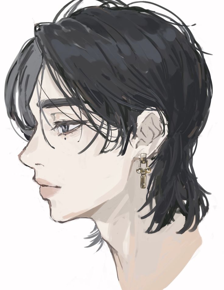 a drawing of a man with black hair and piercings on his ears, looking off to the side